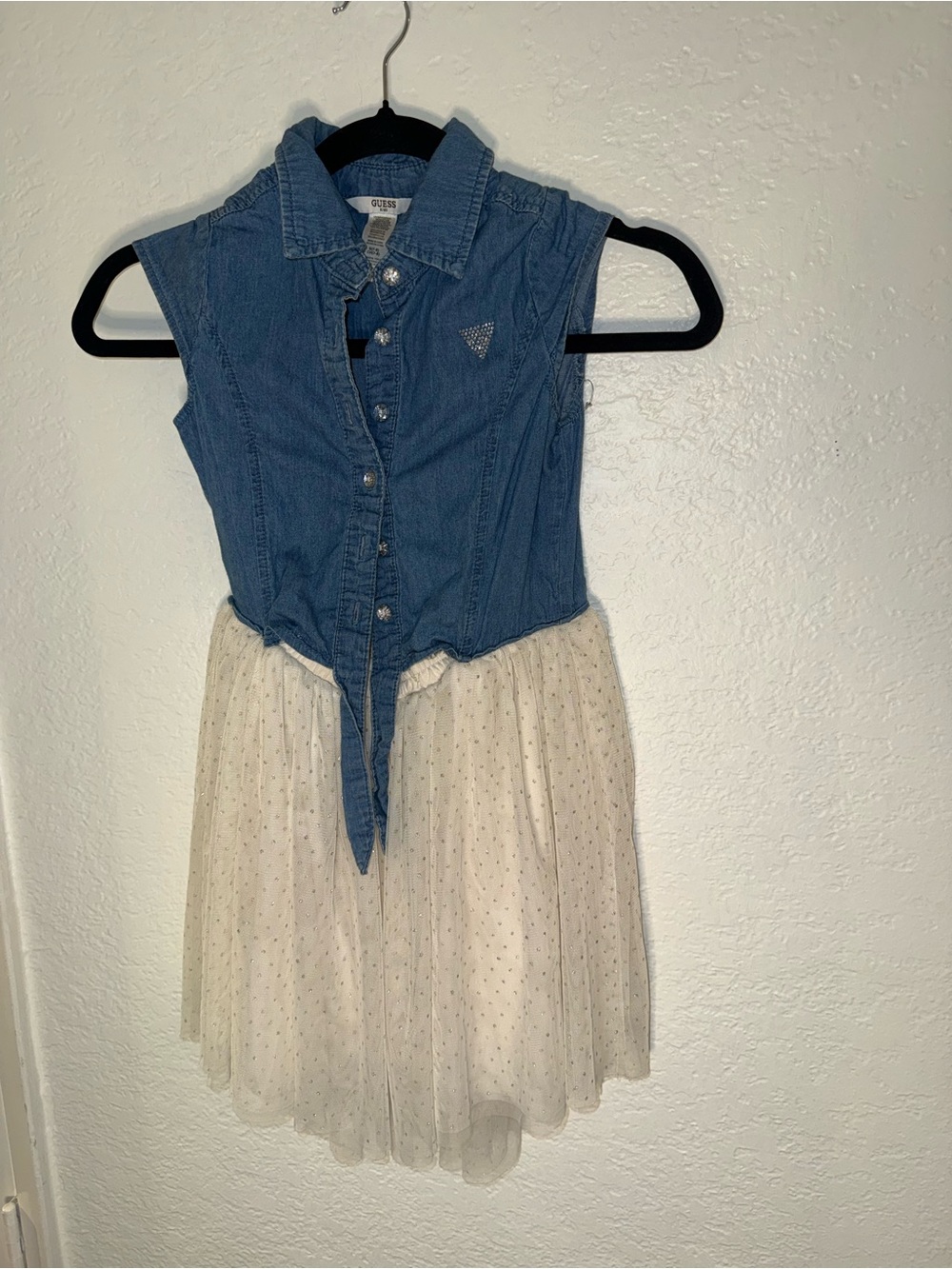 Guess Blue Denim Tie-Front Top with Cream Dot Tulle Skirt
